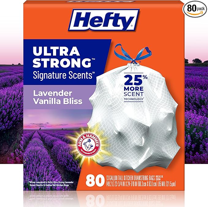 Hefty Ultra Strong Signature Scents 13 Gallon Trash Bags, Lavender Vanilla Bliss Scent, Tall Kitchen Trash Bags with 25% More Scent Technology, White, 80 Count