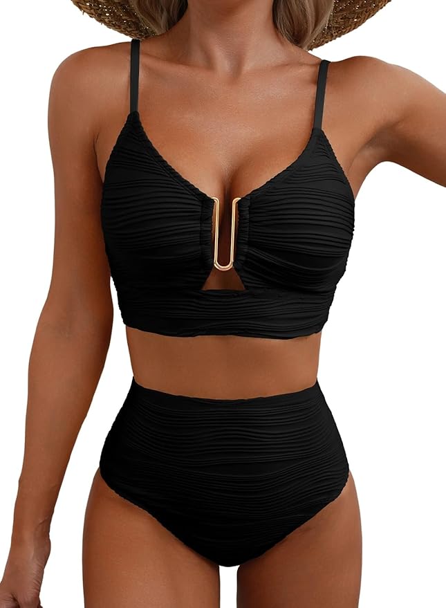 Herseas 2 Piece Bikini Set U-Wire Cutout Popular Swimsuit High Waisted Textured 2026 Summer Beach Swim Bathing Suits