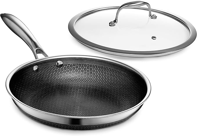 HexClad 10 Inch Hybrid Nonstick Frying Pan with Lid, Stay-Cool Handle, Dishwasher and Oven Safe, Induction Ready, Frying Pan Skillet Compatible with All Cooktops