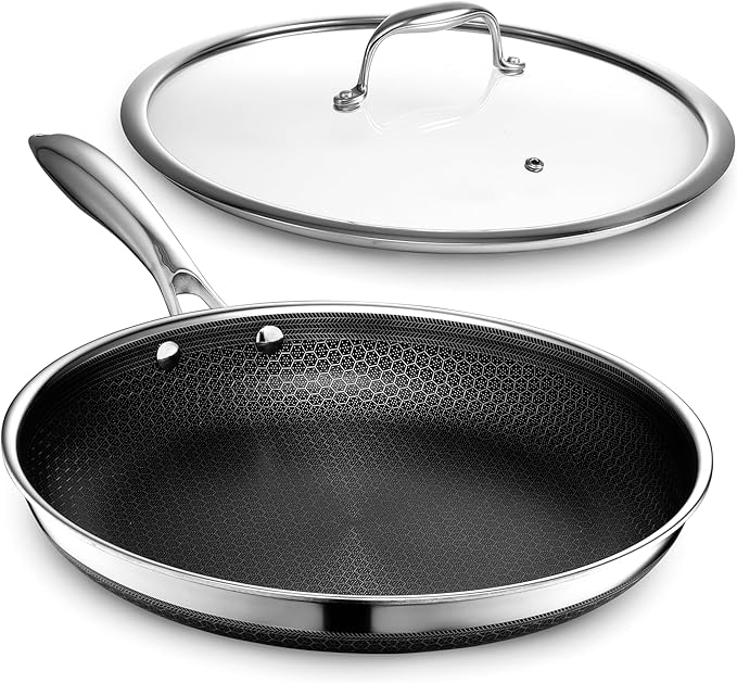 HexClad 12 Inch Hybrid Nonstick Frying Pan with Lid, Stay-Cool Handle, Dishwasher and Oven Safe, Induction Ready, Frying Pan Skillet Compatible with All Cooktops
