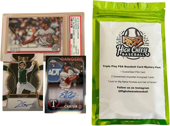 High Cheese Baseball Triple Play Mystery Pack with 1 PSA Graded Card, 2 Autographed Baseball Cards