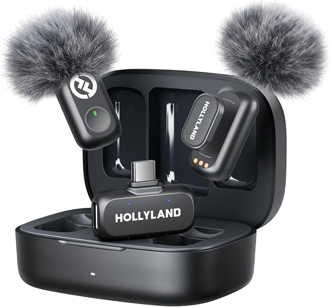 Hollyland Lark A1 Wireless Microphone for iPhone 17/16/15 & Android, 48kHz/24-bit, 3-Level Intelligent Noise Cancel, Mini Mic for YouTube, Podcast, Vlogging (Black, 2TX + USB-C RX + Charging Case)