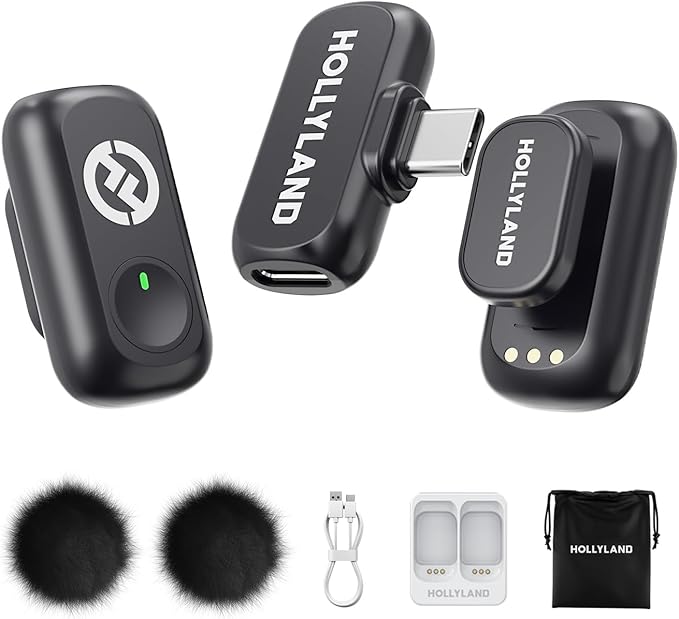 Hollyland Lark A1 Wireless Microphone for iPhone & Android, 48kHz/24-bit Studio Audio, 3-Level Noise Cancellation, 200m Range, Magnetic Mini Mic for Video Recording & Live Streaming (2TX + USB-C RX)