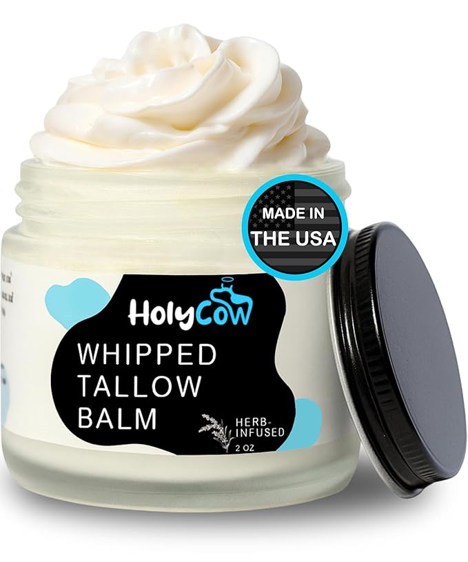 HolyCow 100% Grass Fed Beef Tallow For Skin - Whipped Tallow Balm with Organic Jojoba Oil (Unscented/Herb-Infused), Grass Fed Beef Tallow Face Moisturizer for Eczema, Baby, Lip Balm