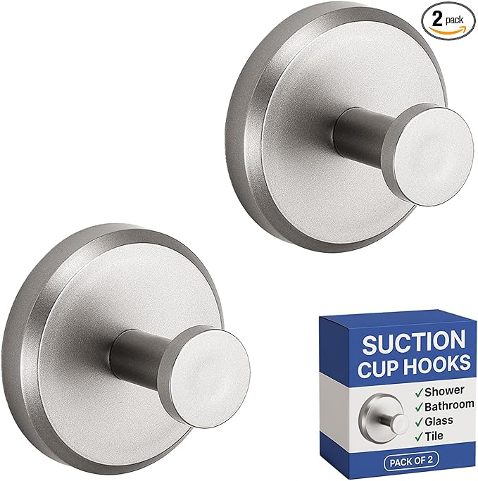HOME SO Suction Cup Hooks for Shower & Bathroom Towel Holder 2-Pack – Suction Cups Hooks for Hanging Towels, Robes, & Coats - Tiles, Glass Door or Mirror – Shower Hooks & Towel Hooks Organizer -Nickel