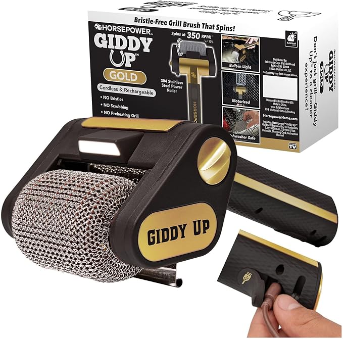Horsepower Giddy Up GOLD Bristle-Free Spinning Grill Brush w/LED & Longer Run Time, Cordless/Rechargeable, 304 Stainless Steel Power Roller Blasts Away Burnt-On Food, No Bristles No Preheating 350 RPM
