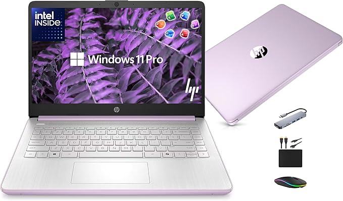 HP 14” Laptop Ultra-Portable Computer 2026 Student Business, MS Office, Copilot AI, Intel 4-Core CPU, 4GB RAM, 628GB Storage (128GB UFS+500GB Ext), Long Battery, MaxsolAccessory, Win 11 Pro, Lavender