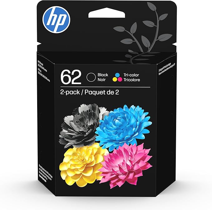 HP 62 Black/Tri-Color Ink Cartridges (2-Pack) | Works with Envy 5540, 5640, 5660, 7640, OfficeJet 5740, 8040, Mobile 200, 250 | N9H64FN | Packaging May Vary