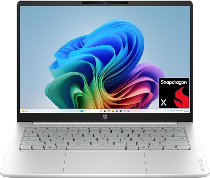 HP OmniBook 3 14 inch Next Gen AI PC, 2K Display, Snapdragon X X1-26-100, 16 GB RAM, 512 GB SSD, Qualcomm Adreno GPU, Windows 11 Home, Glacier Silver, 14-hz0099nr
