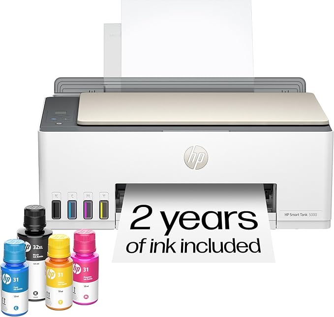 HP Smart Tank 5000 Wireless All-in-One Ink Tank Printer, Scanner, Copier with 2 Years of Ink Included, Best-for-Home, Cartridge-Free, Refillable and AI-Enabled. (5D1B6A)