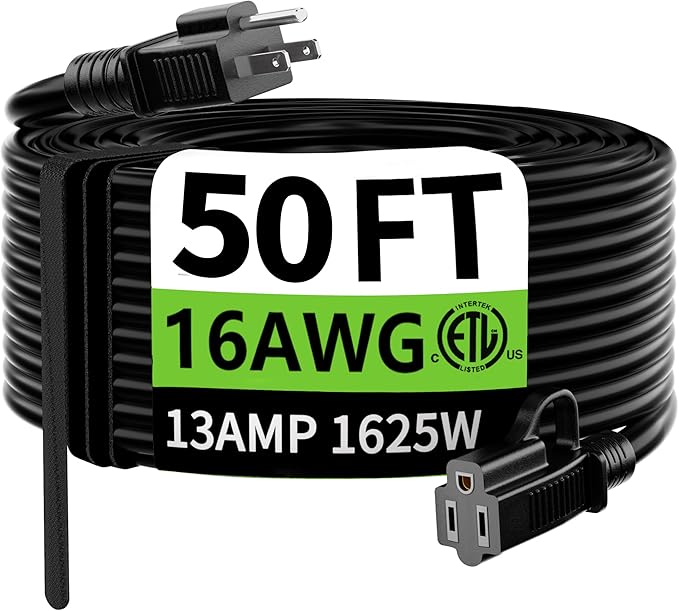HUANCHAIN Indoor Outdoor Black Extension Cord 50 ft Waterproof, 16/3 Gauge Flexible Resistant Appliance Extension Cord Outside, 13A 1625W 16AWG SJTW, 3 Prong Electric Cable, ETL Listed