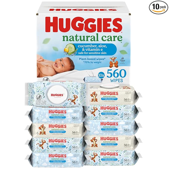 Huggies Natural Care Cucumber, Aloe and Vitamin E Baby Wipes, Hypoallergenic, Scented, 10 Flip-Top Packs (560 Wipes Total), Packaging May Vary