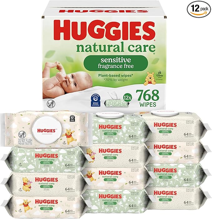 Huggies Natural Care Sensitive Baby Wipes, Unscented, Hypoallergenic, 99% Purified Water, 12 Flip-Top Packs (768 Wipes Total), Packaging May Vary