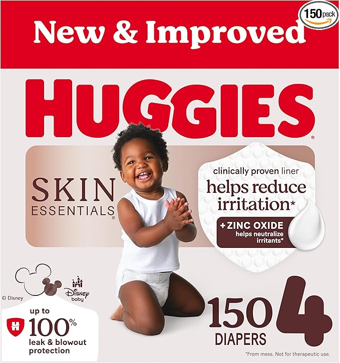 Huggies Size 4 Diapers, Skin Essentials Baby Diapers, Size 4 (22-37 lbs), 150 Count (6 Packs of 25), Packaging May Vary