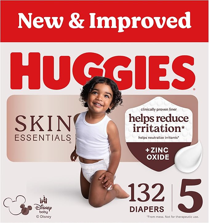Huggies Size 5 Diapers, Skin Essentials Baby Diapers, Size 5 (27+ lbs), 132 Count (2 Packs of 66), Packaging May Vary