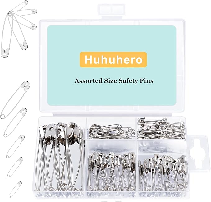 Huhuhero 160Pcs Safety Pins, Large & Small Safety Pins for Clothes Sewing Craft, 5 Assorted Sizes Sharp Edge Pins Bulk, Art and Craft Supplies (Sliver)