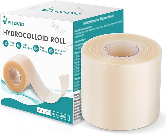 Hydrocolloid Roll for Wound Care, Hydrocolloid Patch Bandages with Self-Adhesive, Bed Sore Bandages, Highly Absorbent & Waterproof for Burn, Blister, Acne Care, First Aid Kit Essential (2in x 12ft)