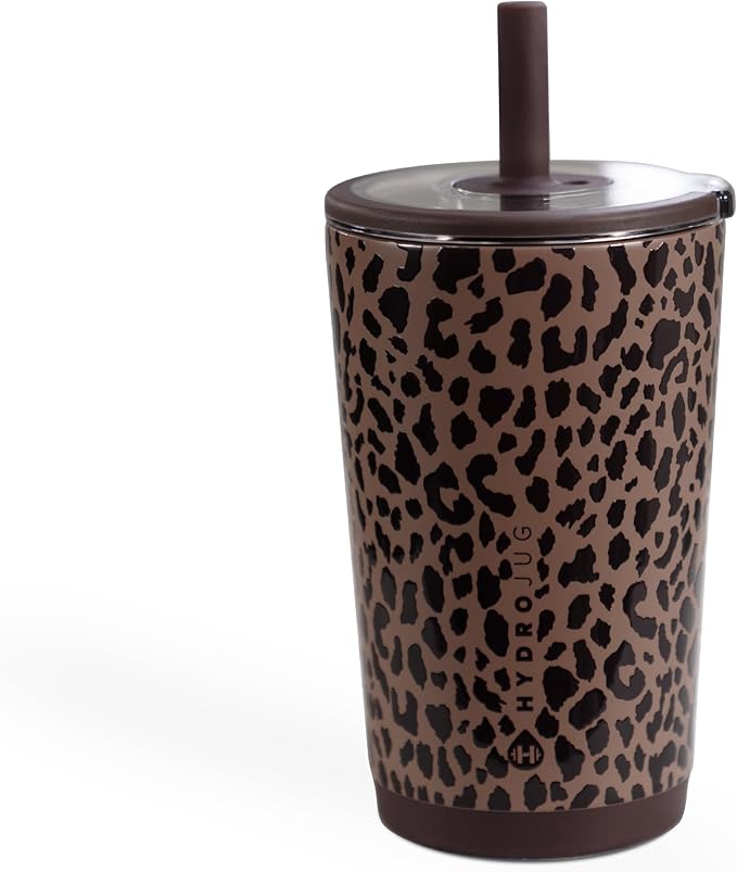 HydroJug Everyday Tumbler 14 oz, Ceramic-Lined Straw Cup, Brown Leopard