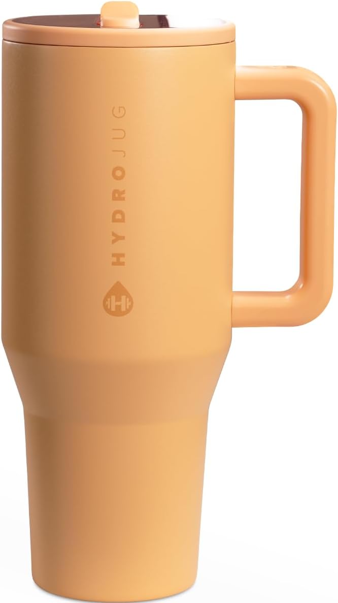 HydroJug Traveler - 40 oz Water Bottle with Handle & Flip Straw - Fits in Cup Holder, Leak Resistant Tumbler-Reusable Insulated Stainless Steel & Rubber Base - Gifts for Women & Men, Marigold