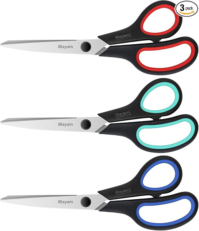 iBayam 3-Pack 8" Heavy Duty Scissors with Ultra Sharp Blades and Comfort Grip Handles - For Office, Home, School, Sewing, and Crafts