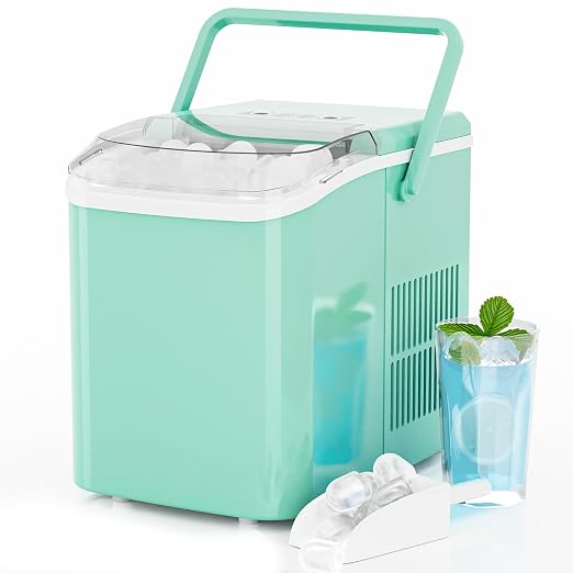 Ice Makers Countertop, Portable Ice Machine with Handle, 6 Mins 9 Bullet Cubes with Basket and Scoop, 26lbs in 24Hrs, Auto-Cleaning, for Home, Kitchen, RV, Camping, Green