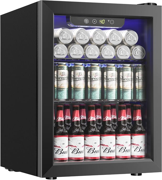 Icyglee Beverage Refrigerator Cooler, 16 Bottle 68 Can Mini Fridge with Glass Door, Wine Beer Freestanding Drink Fridge, Digital Temperature Control & Adjustable Shelves for Home Office, 1.7 cu.ft