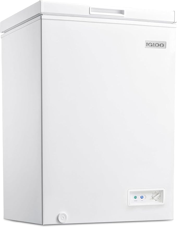 Igloo 3.5 Cu Ft. Upright Deep Freezer Chest- Deep Freezer with Quick Freezing System & Adjustable Thermostat for Homes, Garages & Basements- Low Noise Freezer with Removable Basket & LED Lights- White