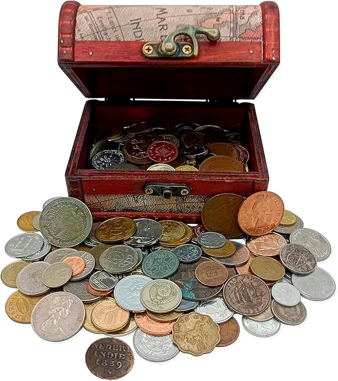 IMPACTO COLECCIONABLES Coin Collection Storagе - Collectible Coins for Collectors - Treasure Chest with 1Lb. of Rare Coins - World Currency Set in Decorative Box - Old Foreign Currency