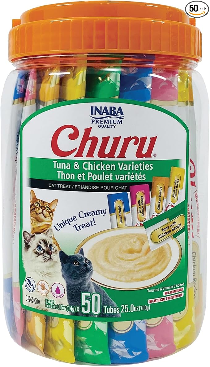 INABA Churu Cat Treats, Lickable, Squeezable Creamy Purée Cat Treat with Green Tea Extract & Taurine, 0.5 Ounces Each Tube, 50 Tubes, Tuna & Chicken Variety