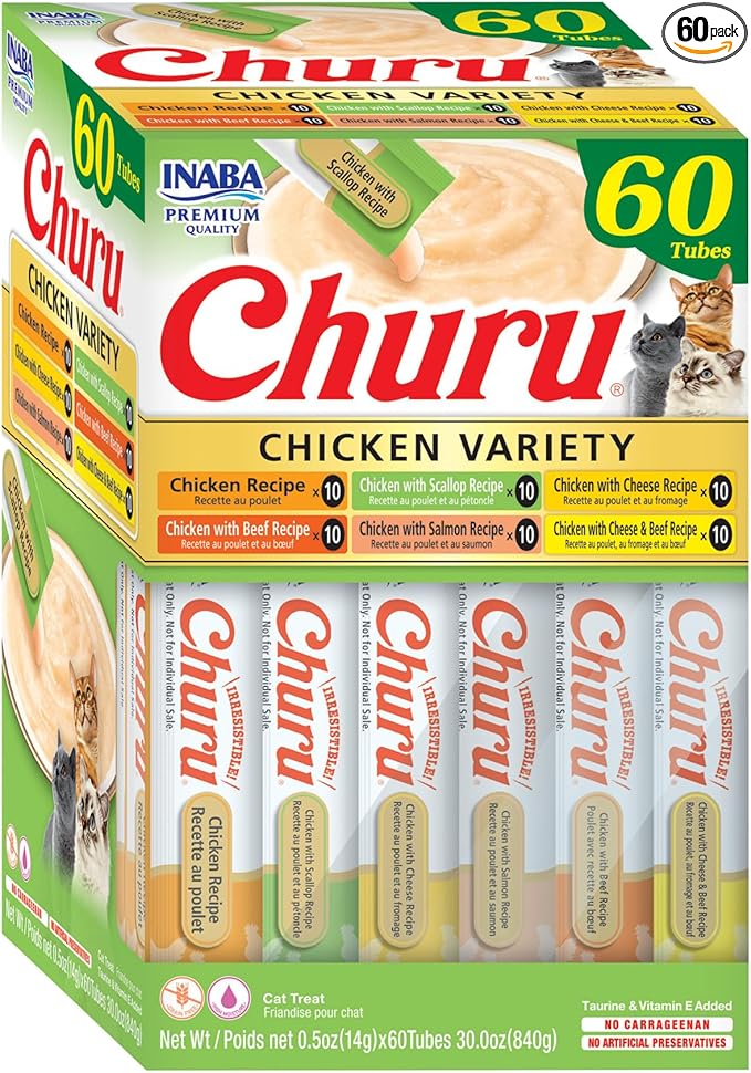 INABA Churu Cat Treats, Lickable, Squeezable Creamy Purée Cat Treat with Green Tea Extract & Taurine, 0.5 Ounces Each Tube, 60 Tubes, Chicken Variety Box