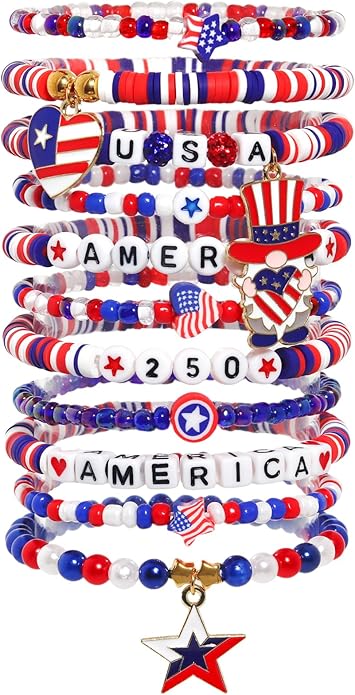 Independence Day Bracelets for Women, 4th of July Accessories USA Patriotic 250 Years Bracelet for Women Beaded Stackable Stretch Bracelets Fourth of July Gifts