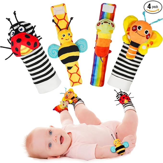 Infinno Baby Wrist Rattle Socks and Foot Finder Set, Perfect Baby Toys for 0-12 Months Newborn Boys and Girls As Shower Gifts, Garden Bug Series