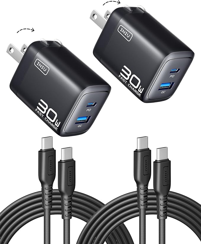 INIU Mini USB C Charger, 30W GaN Fast Charging ETL Certified Wall Adapter Block with Samrt Phone Protection, Dual Port with 5ft Type C Cable for iPhone 17 iPad Samsung Google Switch etc [2-Pack Black]