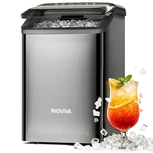inoviva Nugget Ice Maker Countertop, 40lbs/24H Soft Chewable Pellet Ice Machine with Self-Cleaning, Sonic Ice Maker for Home Kitchen, Office - Black Stainless