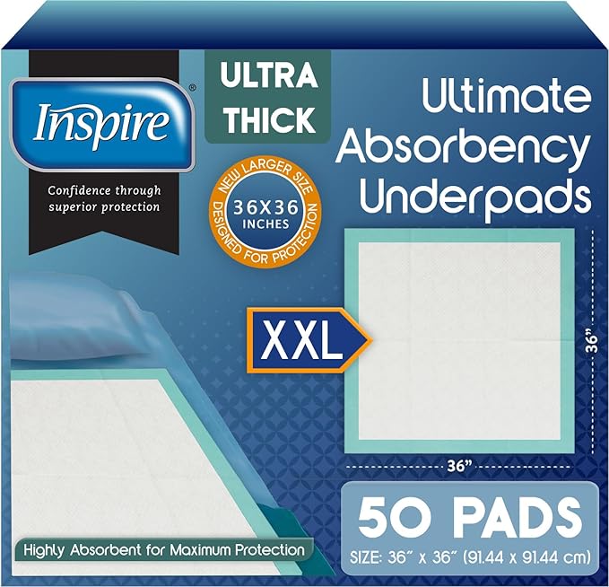 Inspire Super Absorbent Disposable Bed Pads for Chronic Incontinence Ultra Thick and Absorbent Bed Pads Disposable Adult | Pee Pads for Adults (36" X 36" Pack of 50) XX Large