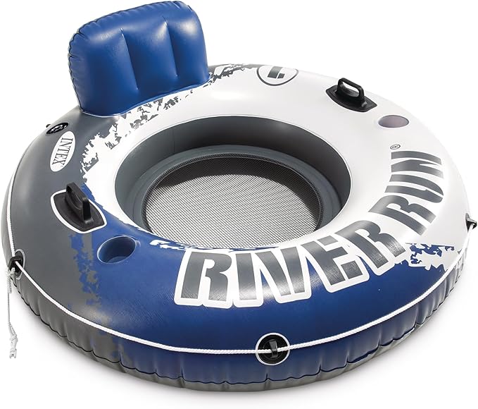 INTEX 58825EP River Run 1 Inflatable Floating Lounge: Comfortable Backrest – Built-in Cup Holders – Durable Grab Handles – All Around Grab Rope – 220lb Weight Capacity