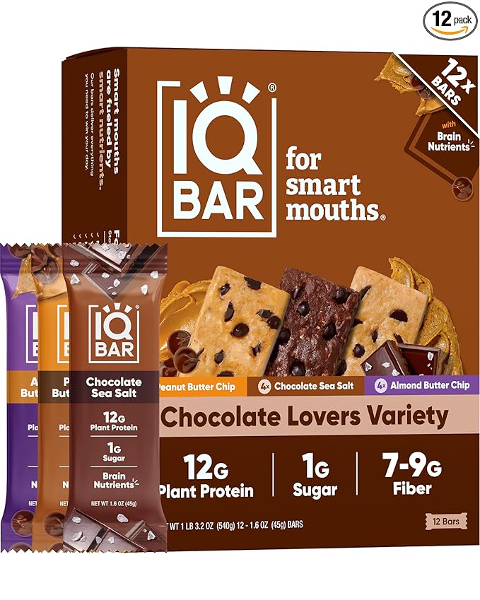 IQBAR Clean Plant Protein Bars - Chocolate Lovers Variety - 12 Count - Keto, Vegan, High Fiber, Gluten and Dairy Free, Low Sugar Snack - Brain and Body Nutrients for Focus, Energy, Meal Replacement