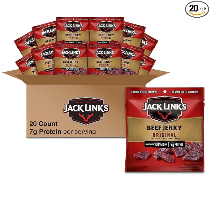 Jack Link's Beef Jerky Multipack - Original - Made with 100% Real Beef - Ready to Eat Real Meat Protein Snacks - 7g Protein per Serving - 0.625 oz Bags (20 Pack)
