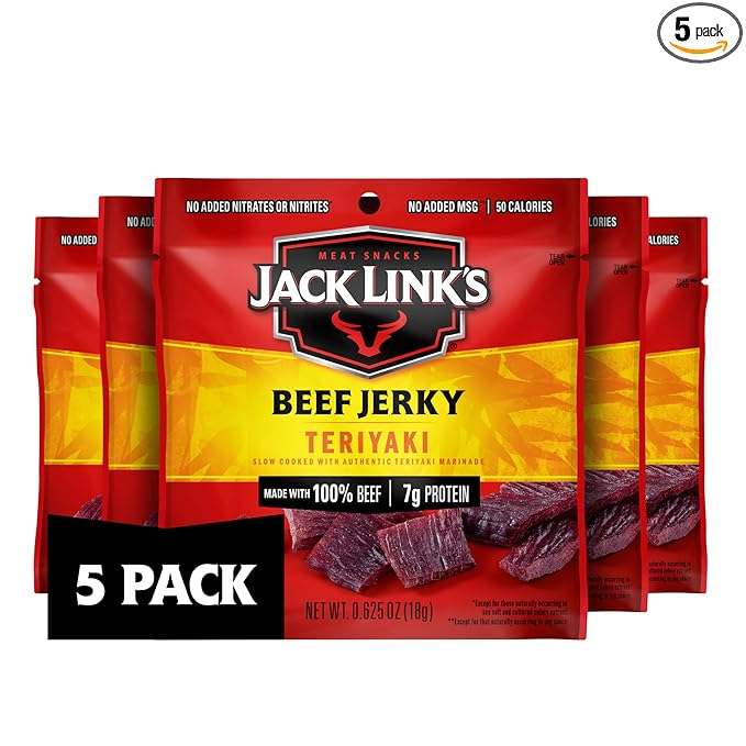 Jack Link's Teriyaki Beef Jerky Multipack - (5 Pack) 0.625 oz Bags - Ready to Eat Real Meat Protein Snacks - 7g Protein per Serving - Made with 100% Real Beef