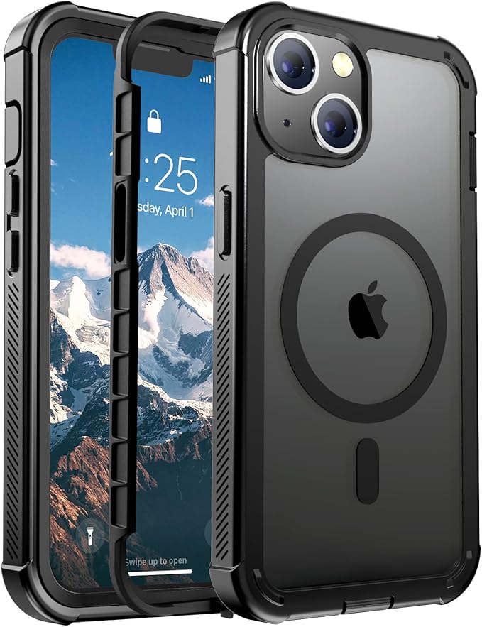 jaroco Magnetic for iPhone 13 Case, [Compatible with MagSafe][Military Grade Drop Protection][Heavy Duty Protection][Non-Slip][Shockproof] 2-Layer Durable Bumper Phone Case 6.1''-Black