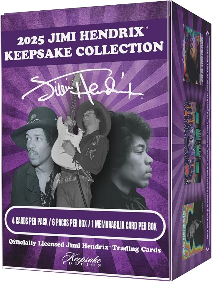 Jimi Hendrix Keepsake Premiere Collectors Box: 6 Packs Per Box, 4 Cards Per Pack, 1 Guaranteed Memorabilia Hit, Chase Laser Signagraphs, Die Cuts, Numbered Parallels, 275-Card Checklist