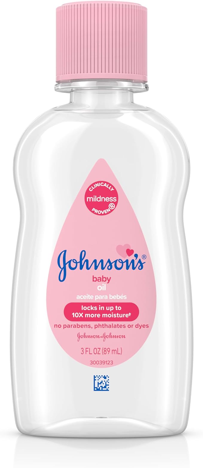 Johnson's Baby Oil, Pure Mineral Oil to Prevent Moisture Loss for Newborn, Kids, & Adults, Gentle, Soothing Baby Massage Oil, Dry Skin Relief, Hypoallergenic, Original Scent, Baby Essentials, 3 fl. oz