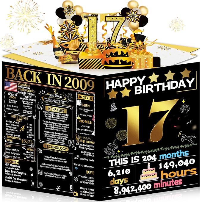 Joycard 17th Birthday Card for Girl Boy, 3D Pop Up Happy Birthday Gift for Daughter Son, Funny 17 Year Old Birthday Decorations for Grandson Granddaughter, Back in 2009 Laser Gold Retro Theme
