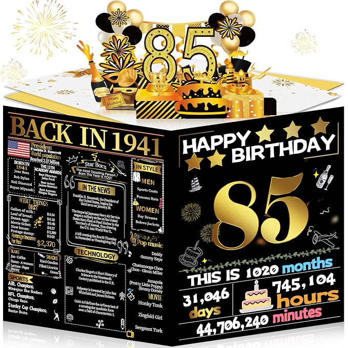 Joycard 85th Birthday Card for Women Men, 3D Pop Up Happy Birthday Gift for Grandpa Grandma, Funny 85 Year Old Birthday Decorations for Mother Dad, Back in 1941 Laser Gold Retro Theme