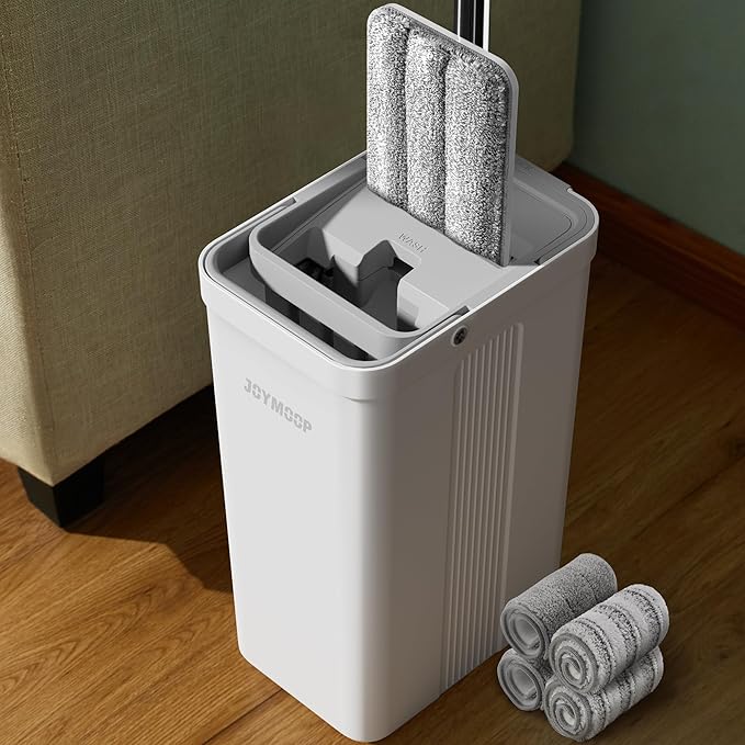 JOYMOOP Flat Mop System, Microfiber Mop and Bucket Set, White, Commercial & Household Use, Hardwood Floor & Wall Cleaning Mop with Long Handle, 4 Microfiber Pads