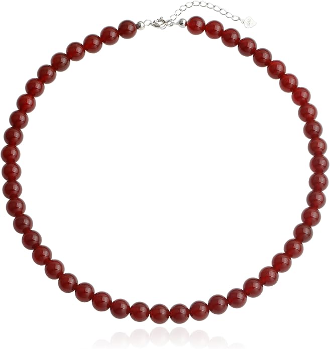 Kakikaki Natural Agate Choker Necklace Sterling Silver Round Beads Strand Necklace for Women