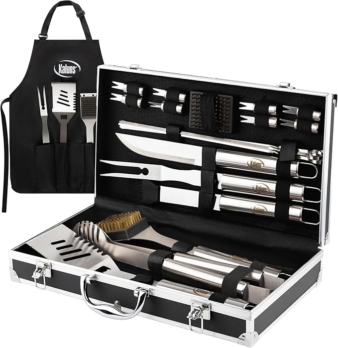 Kaluns Grilling Accessories, Dad Gifts for Fathers Day, Grilling Gifts, Heavy Duty Stainless Steel BBQ Tool Set for Outdoor Grill with Aluminum Case and Apron, Birthday Gifts for Men Women