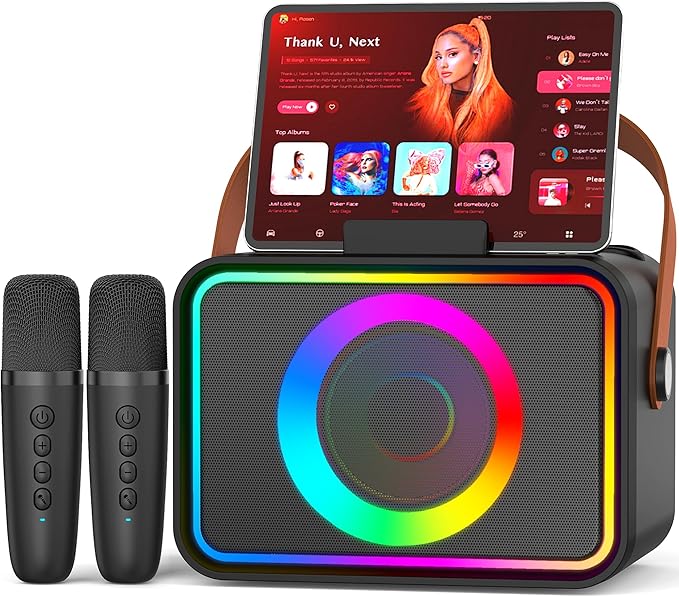 Karaoke Machine,Portable Bluetooth Speaker with 2 Wireless Microphone for Adults & Kids with LED Lights, Karaoke Microphone with PA System Supports USB/TF/AUX, (Black)