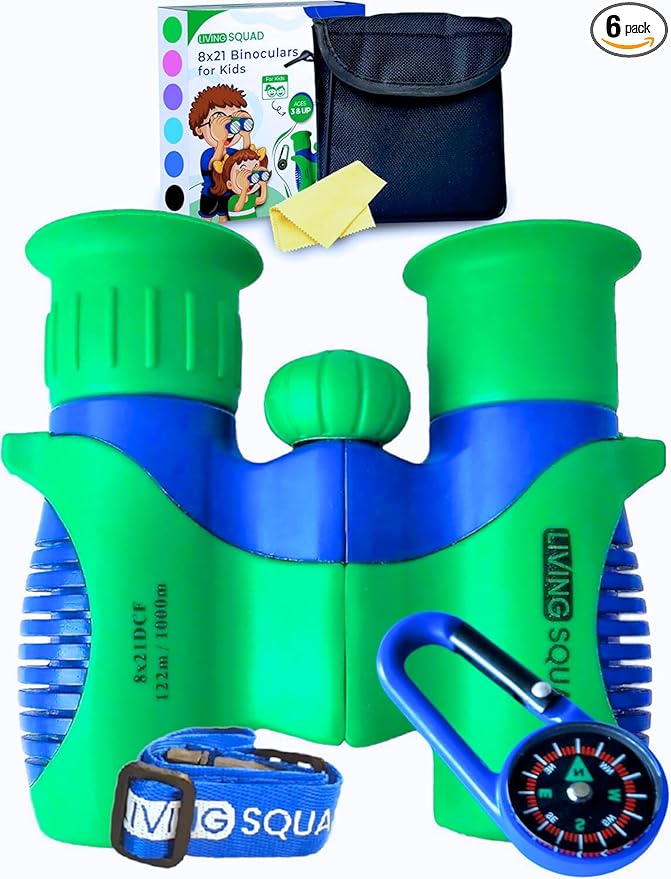 Kids Binoculars 8x21 Shockproof Green - Ages 3-12 with Case Neck Strap Compass Carabiner | High Resolution Optics for Bird Watching Camping Hiking | Birthday Gift Boys Girls