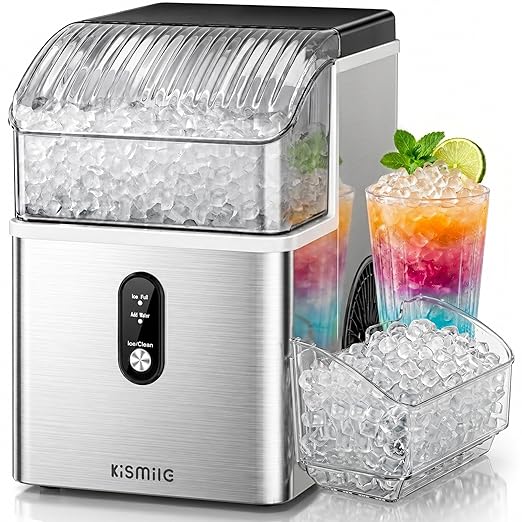 Kismile Nugget Ice Maker Countertop, Sonic Ice Maker with 35Lbs/24H, First Ice in 7 Mins, 1.2L Water Tank, Ice Basket Holds 2.2Lbs, Self-Cleaning Pebble Ice Machine for Home Kitchen Office Bar(Silver)